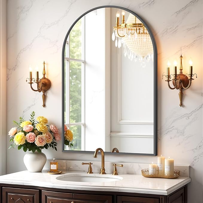 Bathroom Mirror for Wall, 36x24 Inch Arched Mirror, Matte Black Metal Framed by Atilioo