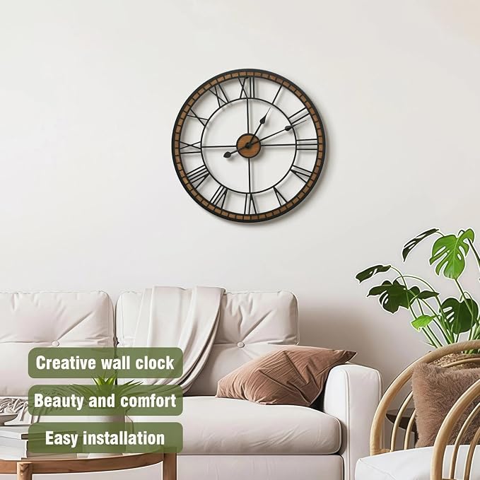 Micasso Large Farmhouse Wall Clock: 20 inch Modern Metal Black - Image 3
