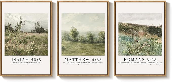 Framed Vintage Christian Wall Art Set of 3, Rustic Wildflower Landscape Bible - Image 9
