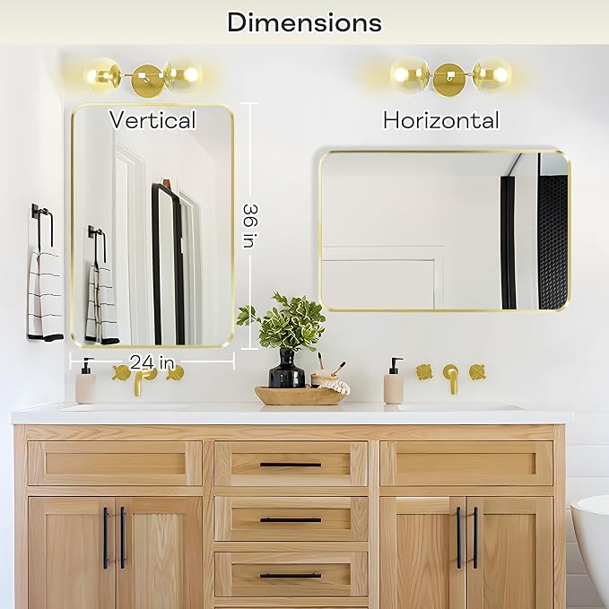 Wall Mount Mirror for Bathroom, Brushed Gold Metal Framed Rounded Corner - Image 2