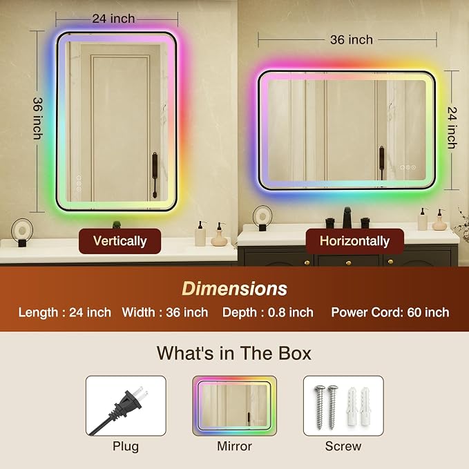 24x36 Inch Black Framed LED Bathroom Mirror - Image 2