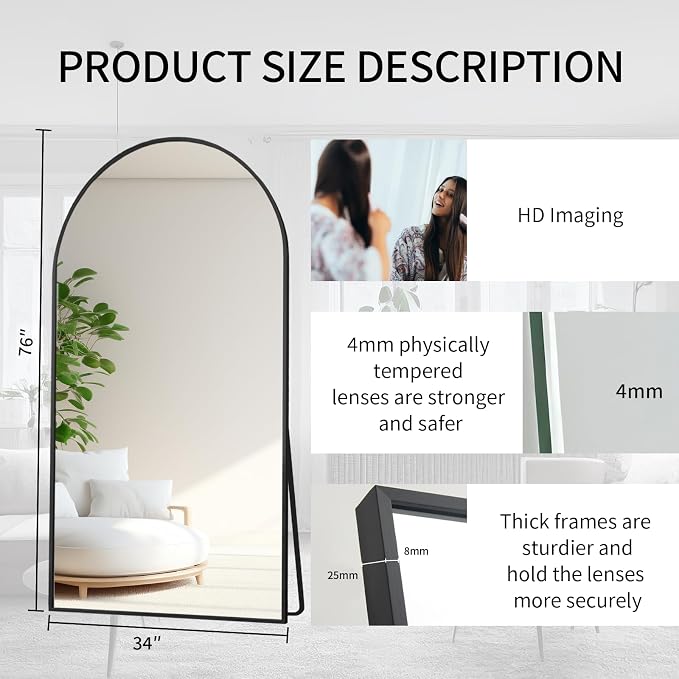 Beauty4U Arched Full Length Mirror 76" x 34", Floor Standing & Wall Mounted HD - Image 2