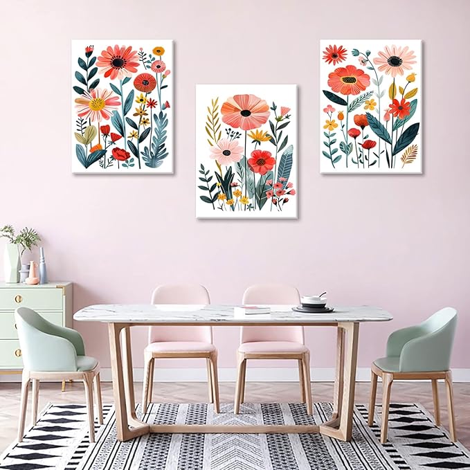 KISSFOX Framed Colorful Wildflower Canvas Wall Art Set Of 3 Flowers Pictures - Image 3