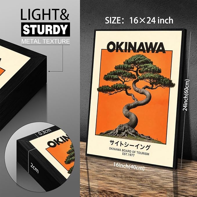 Japanese Black Framed Wall Art Okinawa Prints Vintage Japanese Bonsai Tree - Image 2
