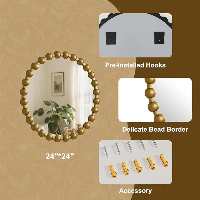 Easly Round Mirror for Wall, 24 Inch Gold Beaded Frame Decorative Vanity Mirror - Image 4