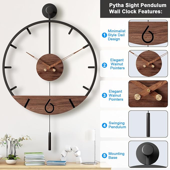 Pytha Sight 34.6×24 Inch Large Modern Decorative Pendulum Wall Clock, Big Metal - Image 3