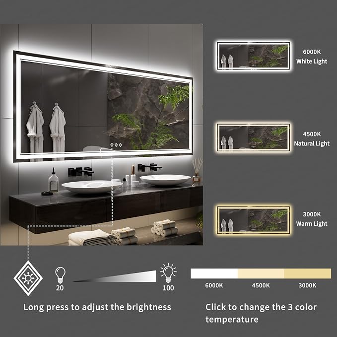 Bathroom Mirror with Lights, 96x36 Inch Gradient Front and Backlit Big Lighted - Image 5