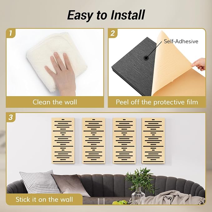 TONOR 4-Pack Acoustic Wood Wall Panels, 23.6” * 11.8” * 1.9” 3D Self-adhesive - Image 5