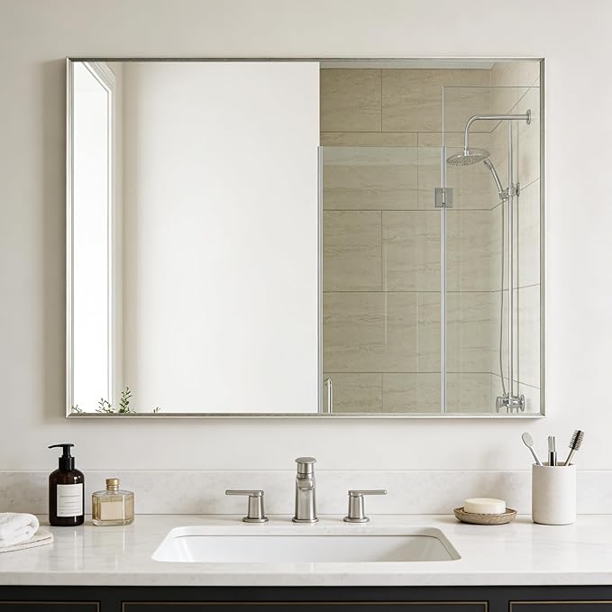 Bathroom Mirror for Wall, 30x40 Inch Metal Framed Mirror, Brushed Nickel by Ruomeng