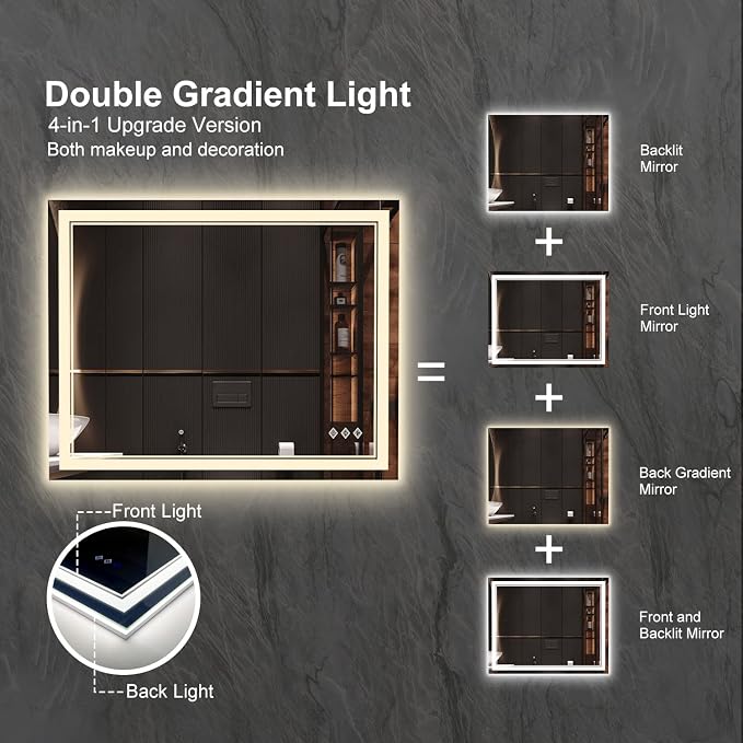 LED Bathroom Mirror, 40x32 Inch Gradient Front and Backlight Bathroom Vanity - Image 4