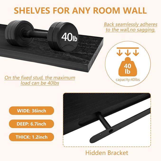 ROGMARS Black Floating Shelves for Wall 36 inch, Rustic Solid Wood Farmhouse - Image 7