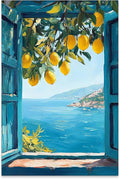 Mediterranean Window View Wall Art Coastal Lemon Tree Canvas Prints Blue by PDFI
