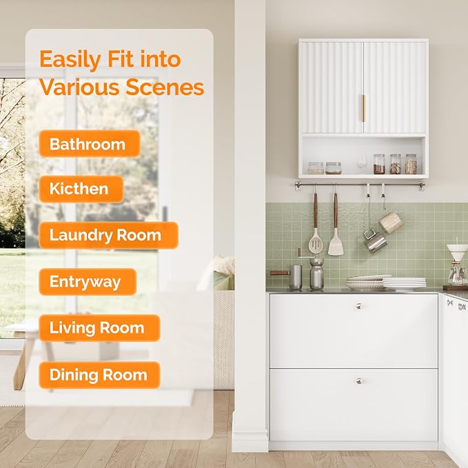 VINGLI White Bathroom Wall Cabinet, Modern Fluted Medicine Cabinet - Image 6