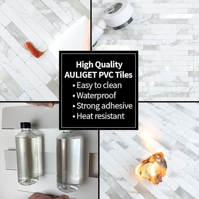 AULIGET 20 Sheets White Stone Peel and Stick Backsplash, PVC Mixed Metal Silver - Image 5