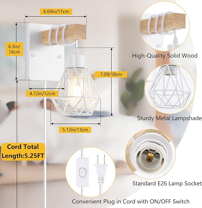 Lomoky White Plug in Wall Sconces Set of Two, Modern Wall Lights - Image 2