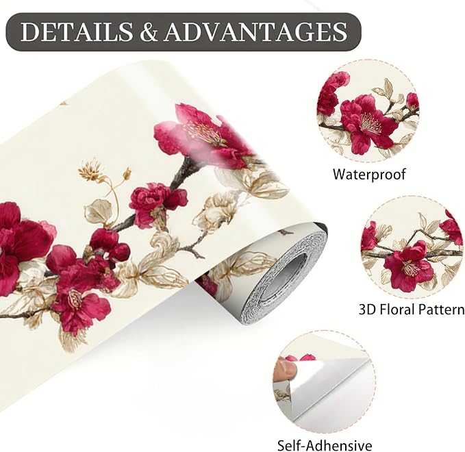 Cherry Blossom Wallpaper Border 196x4 Inch Red Flower Peel and Stick Wall - Image 8
