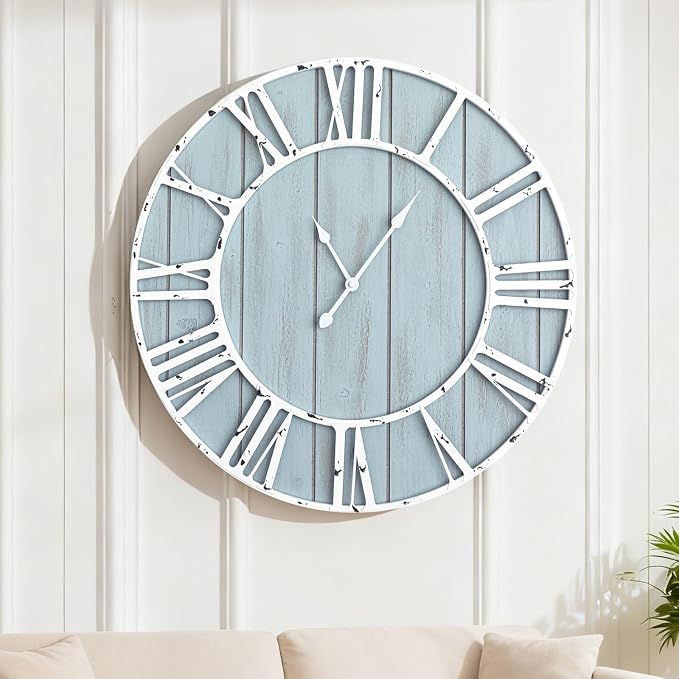 Quelay 20 Inch Coastal Wall Clock, Quiet Ticking Battery Operated, Rustic Retro by Quelay