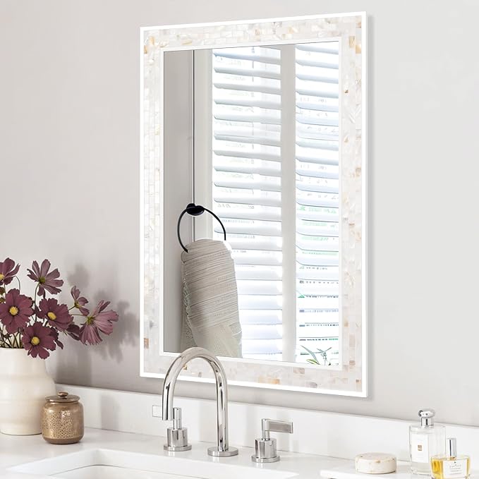 Mosaic Bathroom Mirrors for Wall 24x36 Inch, Natural Mother of Pearl Inlay - Image 4