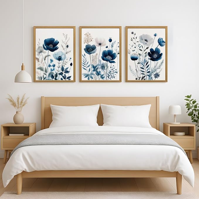 LLEEMPI Navy Blue Floral Wall Art Set of 3, Modern Wildflower Wall Decor - Image 5