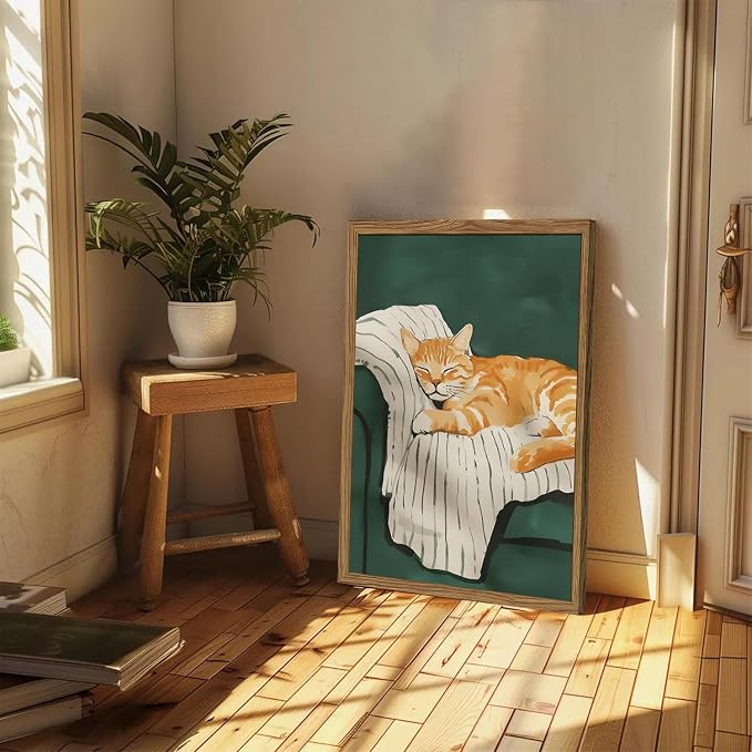 Funny Cat Wall Art Cute Cat Sleeping on Couch Wall Decor Painting Orange Pet - Image 4