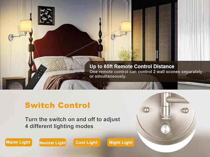 Plug in Wall Sconces with Remote Control, Dimming & Adjustable Colors - Image 3
