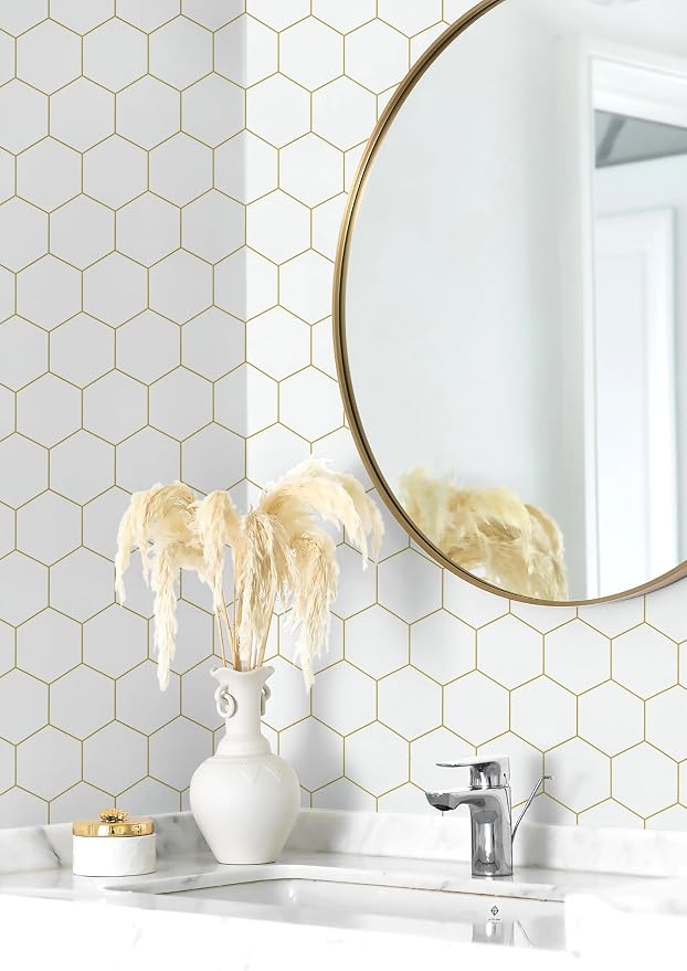Hexagonal Wallpaper Geometric Peel and Stick Wallpaper 17.3”×197”Gold and White - Image 7