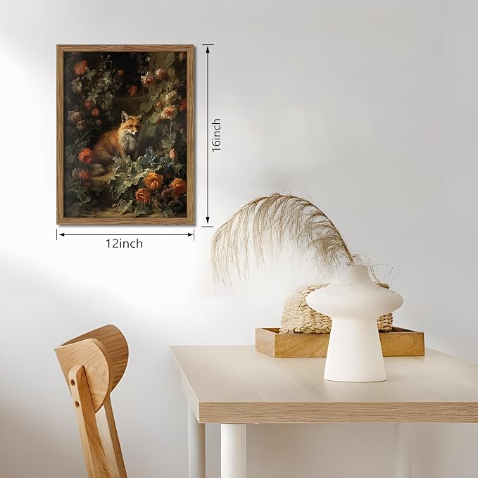 Framed Dark Academia Fox Canvas Wall Art, Sitting Fox Surrounded by Flowers - Image 3