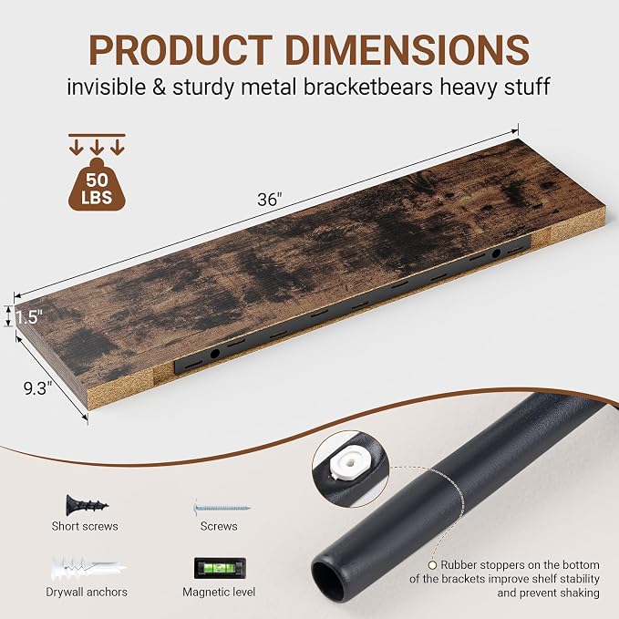 Floating Shelves for Wall 36 Inches Long, 9.3" Deep Rustic Brown Floating Shelf - Image 3