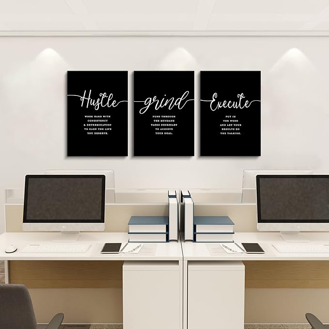 Office Decor - Hustle Quotes Execute Prints, Framed Canvas Wall Art Grind Quote - Image 3
