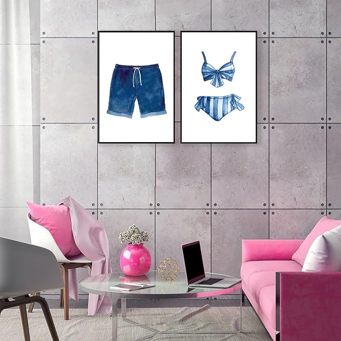 Liyark Set of 2 Retro Navy Blue And White Swimsuit Art Posters Beach Bathing - Image 7