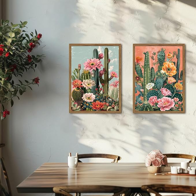 Framed Mexican Cactus Canvas Wall Art Set of 2, Vintage Desert Floral Wall - Image 2