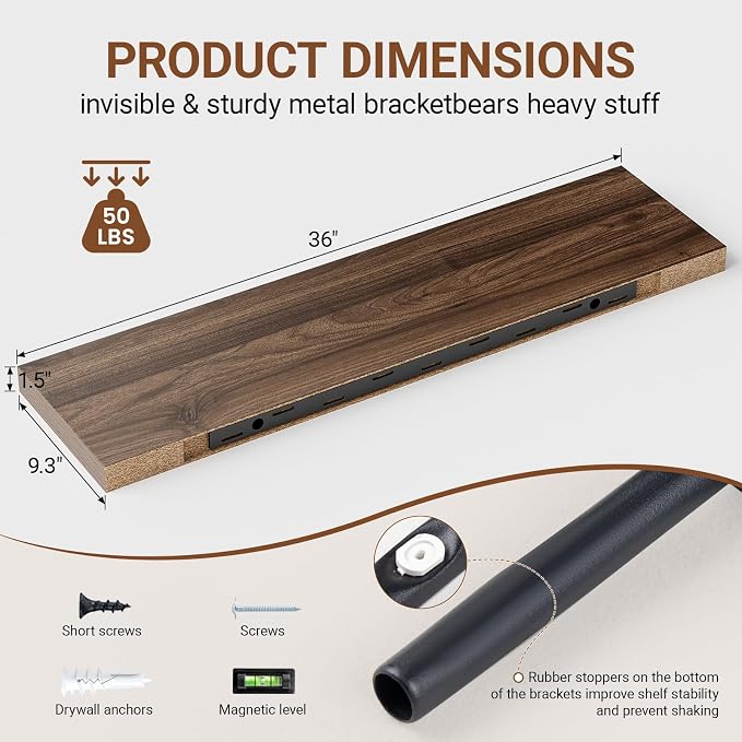 Heimlove Floating Shelves for Wall 36 Inches Long, 9.3" Deep Walnut Floating - Image 3
