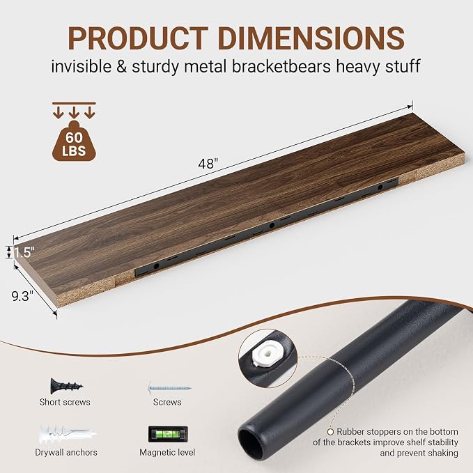 Heimlove Floating Shelves for Wall 48 Inches Long, 9.3" Deep Walnut Floating - Image 3