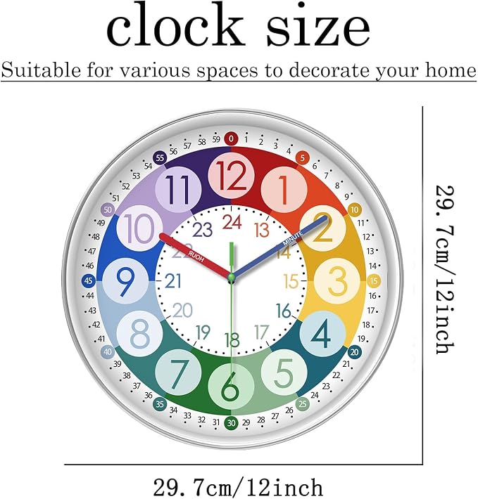 XFM Learning Clock for Kids 12 Inch Colorful Teaching Time Wall Clocks Battery - Image 6