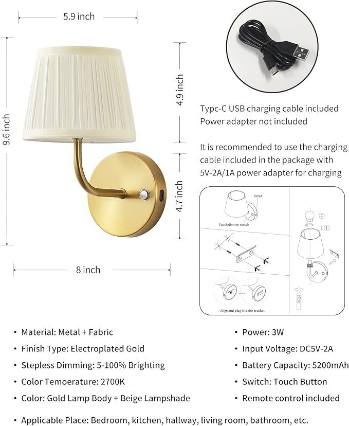 PUSU LED Cordless Gold H9.6 inch Small Wall Sconces Set of 2, Rechargeable - Image 5