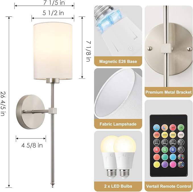 Battery Operated Wall Sconce Set of Two, Wireless Rechargeable Wall Light - Image 7