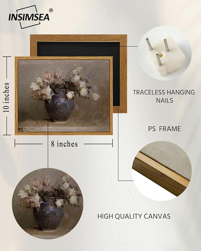 InSimSea Framed Canvas Print, Roses in Vase Classical Oil Paintings - Image 3