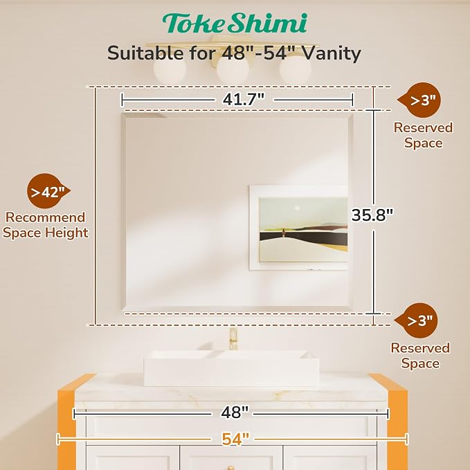 TokeShimi 42x36 Beveled Frameless Bathroom Mirror Decorative, Bathroom Vanity - Image 2