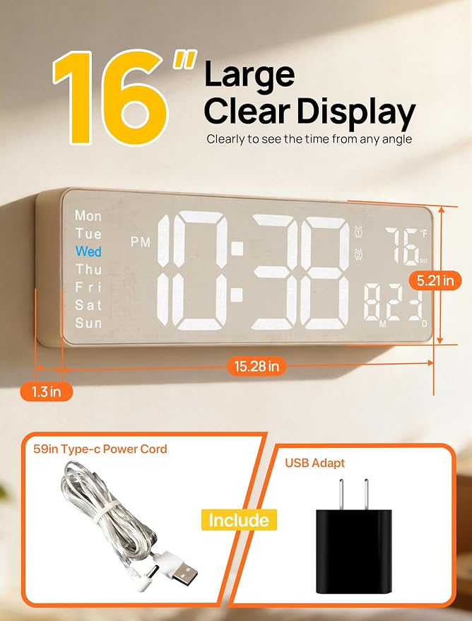 MASHI 2026 Upgrade Digital Wall Clock, Auto-Dimming Wall Clock - Image 2