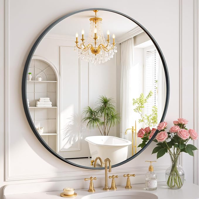 Round Wall Mirror 24 Inch Black Vanity Mirror by SageNest