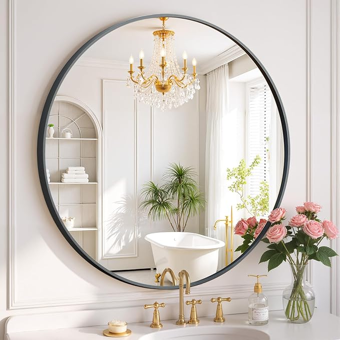 Round Wall Mirror 30 Inch Black Vanity Mirror by SageNest