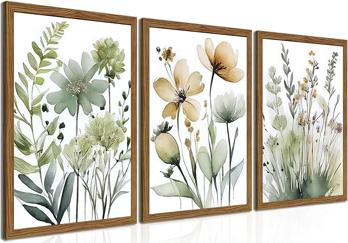 Wood Framed Sage Green Botanical Wall Art Set of 3, Boho Floral Canvas Wall by Unknown