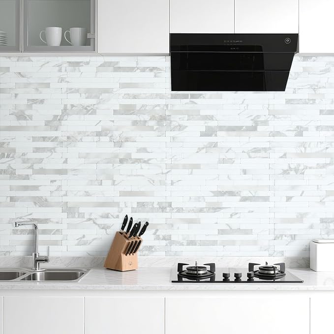 AULIGET 20 Sheets White Stone Peel and Stick Backsplash, PVC Mixed Metal Silver - Image 2
