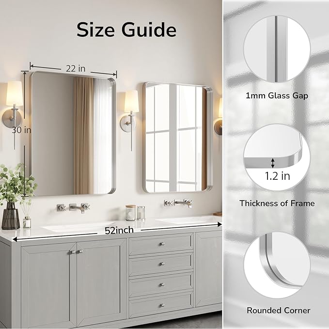 USHOWER Brushed Nickel Bathroom Mirrors 22"x30" 2 Pack, Rounded Corner - Image 4