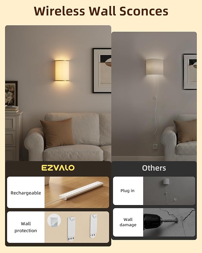 EZVALO Battery Operated Wall Sconce, Wireless Wall Sconces Set of Two - Image 3
