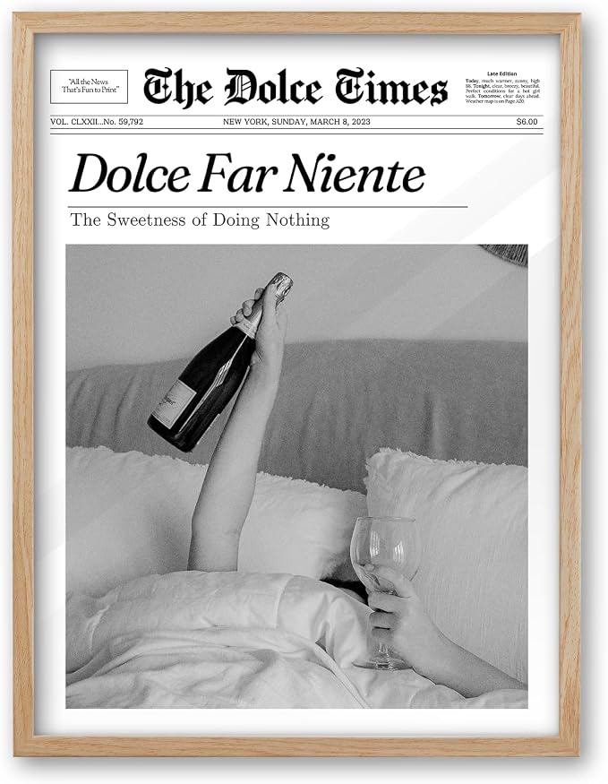 iHery Small Dolce Far Niente Framed Trendy NewsPaper Wall Art, Natural OAK Wood by iHery