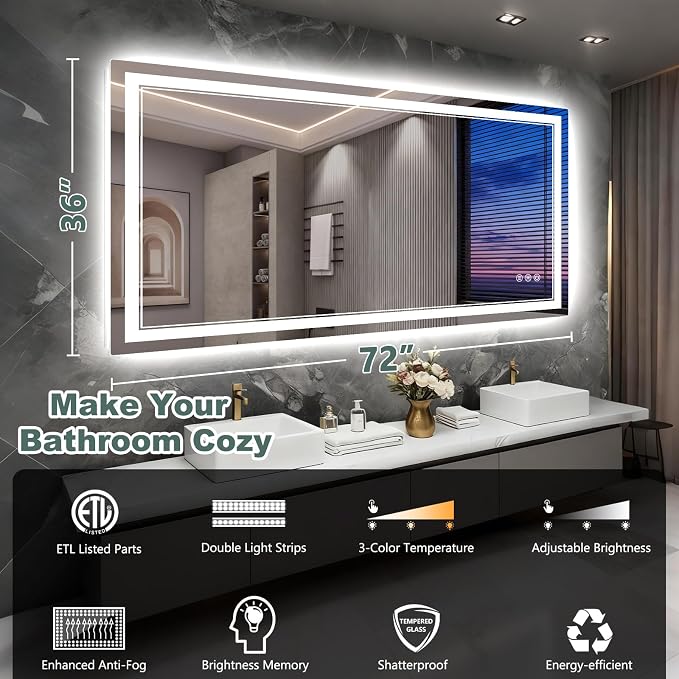 72x36 Inch LED Bathroom Mirror - Image 2