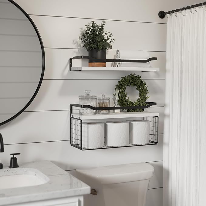 WOPITUES Floating Shelves with Wire Storage Basket, Bathroom Shelves Over - Image 2