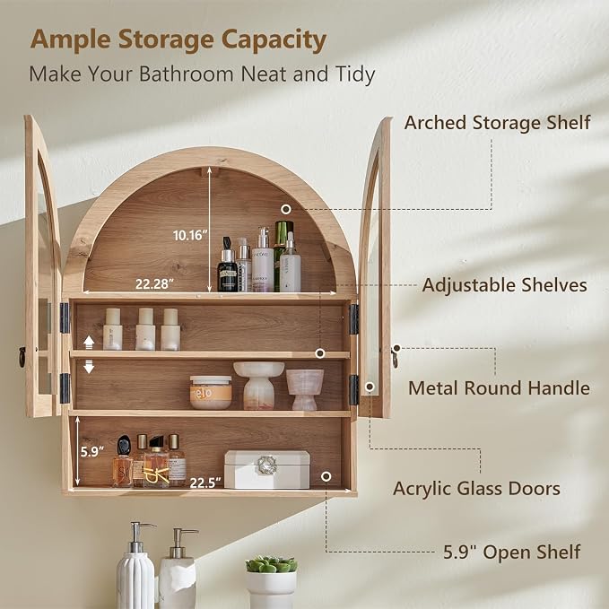 IFGET Bathroom Arched Wall Cabinet, 23.6'' Wide Medicine Cabinet - Image 4