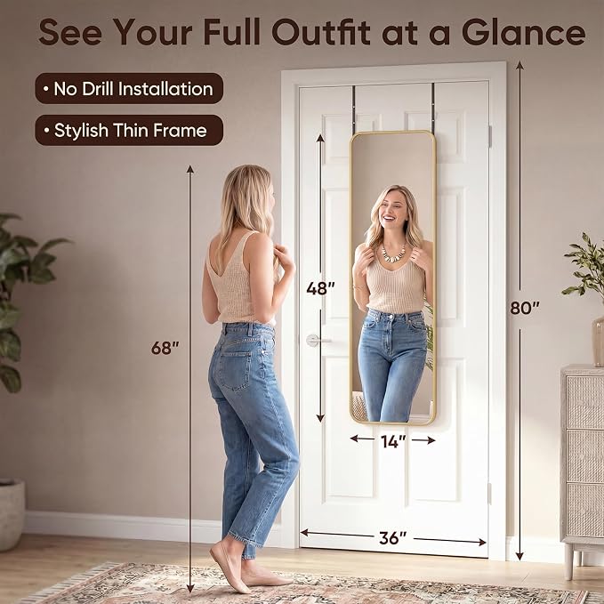 Antok 48"x14" Over the Door Mirror, Full Length Mirror Door Hanging - Image 2